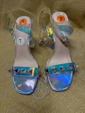 Forever 21 Iridescent Clear Studded Block Heel Sandals